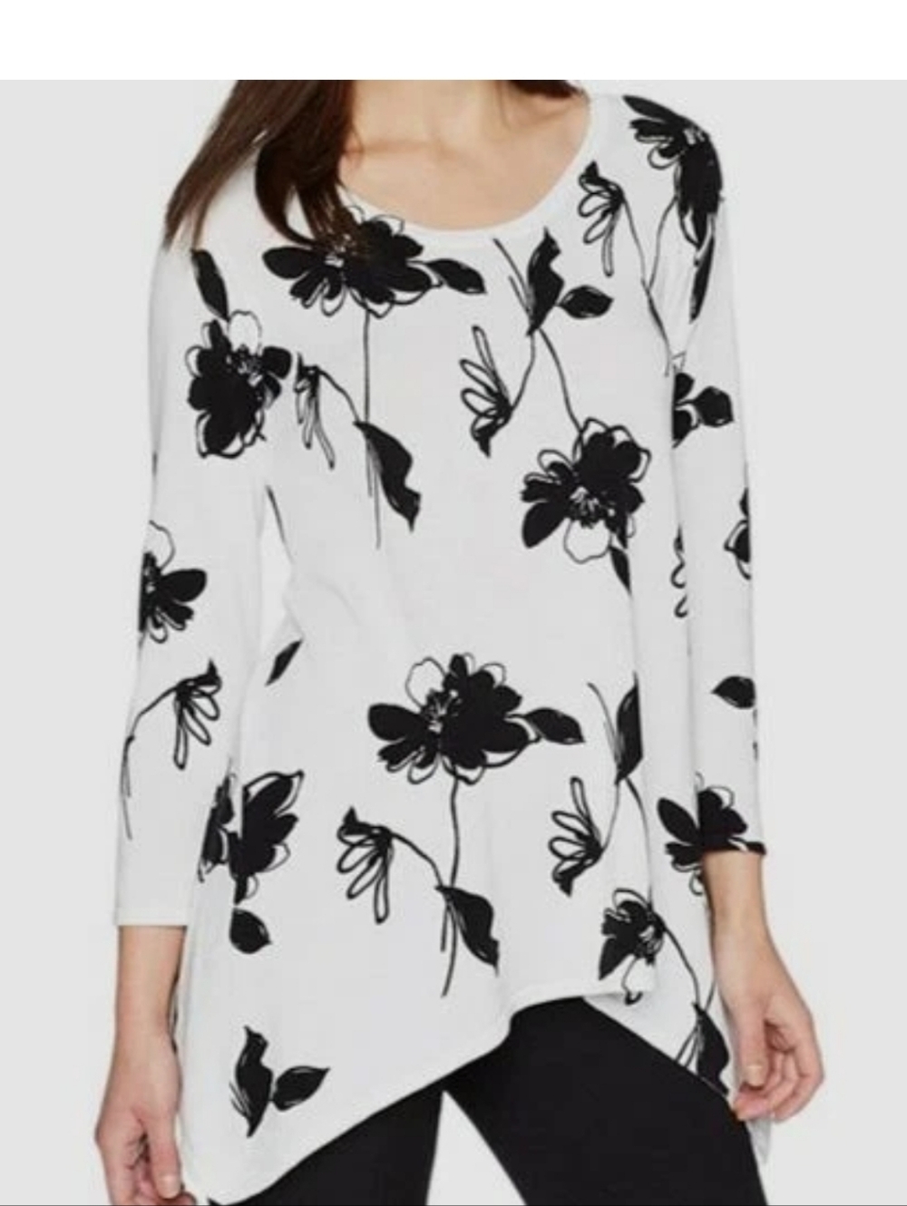 ANNE KLEIN WHITE BLACK FLORAL COTTON TOP SWEATER SIZE L SIZE M